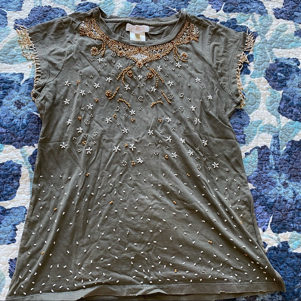 LaRok distressed bohemian green beaded top.